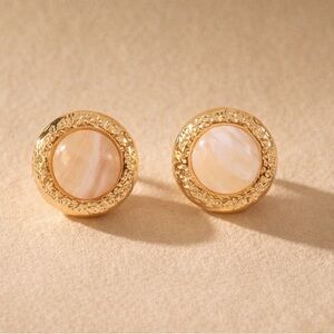 Round Gold and Cream Stud Earrings